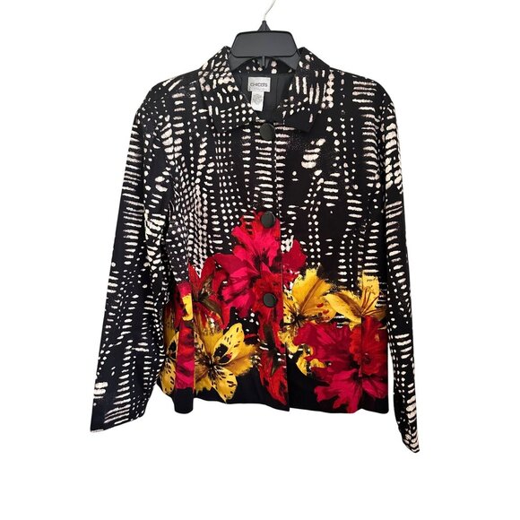 Chicos Black Floral Print Button-Up Jacket Size 3 (14/16) XL Artsy Officecore - Picture 4 of 7